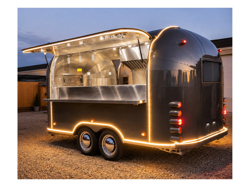 Illuminated stainless food trailer at dusk with serving hatch and LED lighting