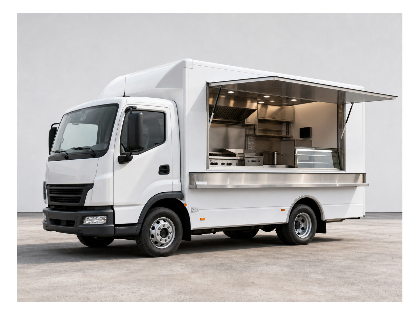Full-size white catering food truck with serving hatch and stainless kitchen