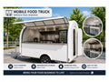 White compact mobile food trailer with stainless steel serving counter