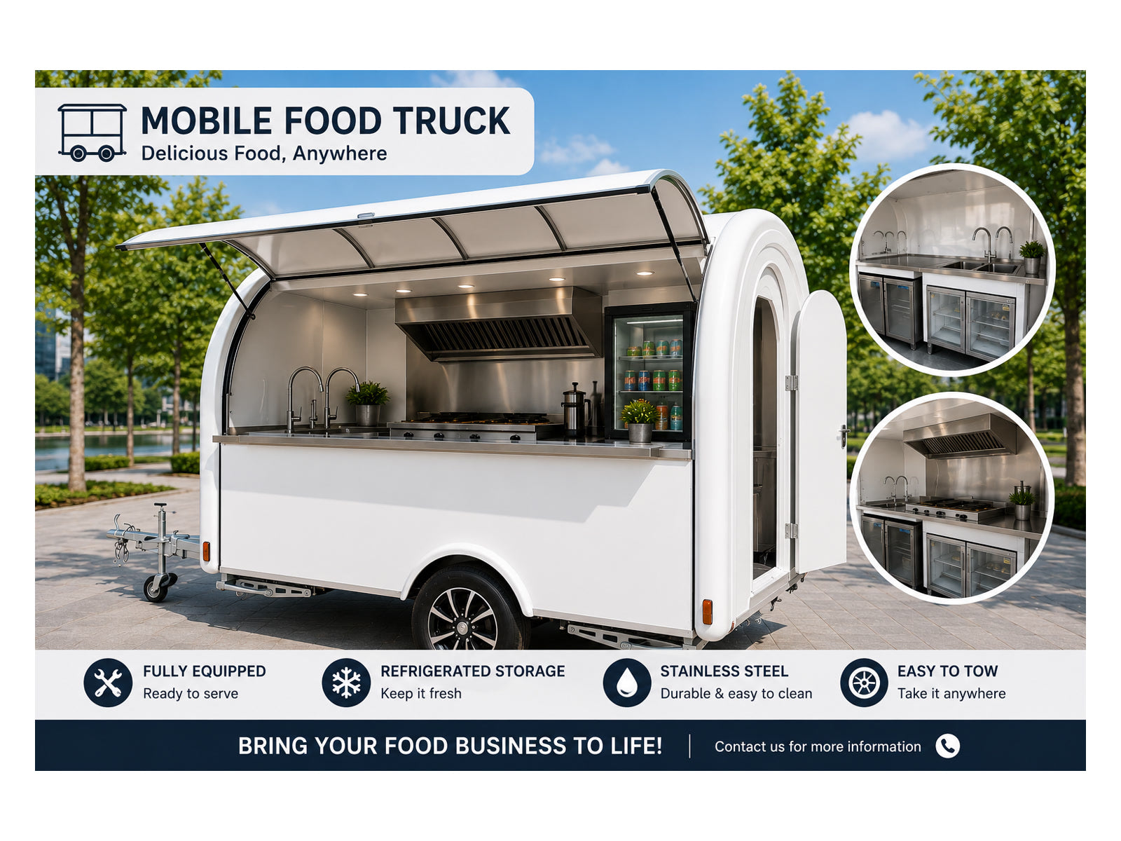 White compact mobile food trailer with stainless steel serving counter