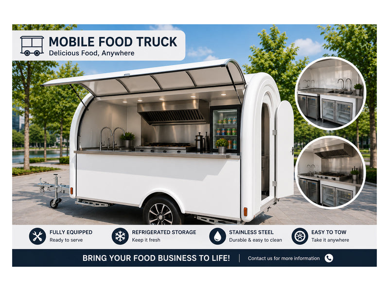 White compact mobile food trailer with stainless steel serving counter
