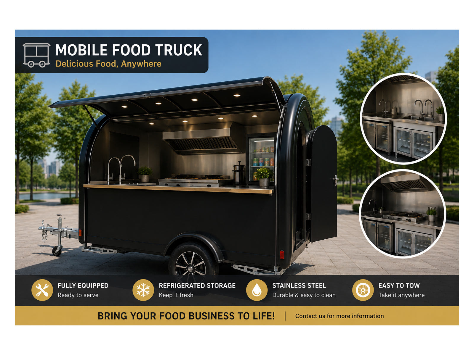 Black compact mobile food trailer with stainless steel serving counter