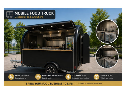Black compact mobile food trailer with stainless steel serving counter