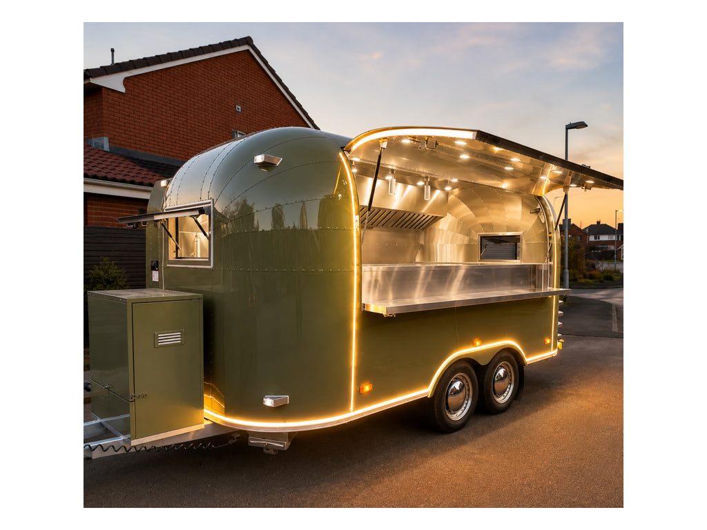 Olive green illuminated food trailer at dusk with stainless serving hatch