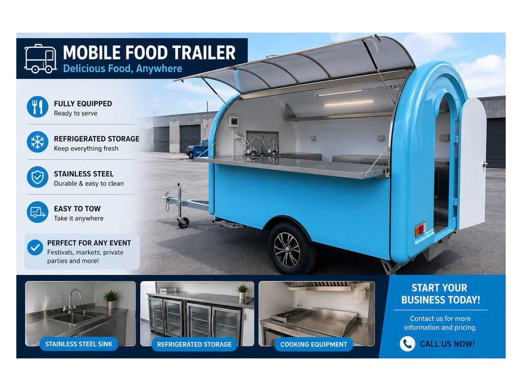Blue compact mobile food trailer with stainless steel serving counter