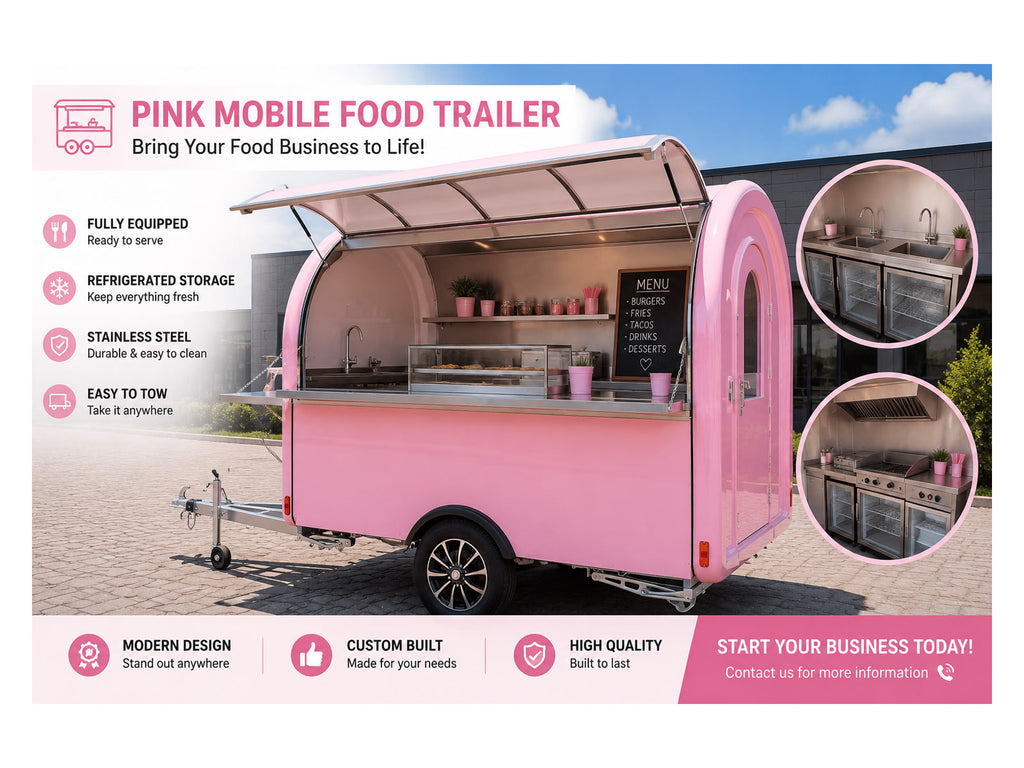 Pink compact mobile food trailer with stainless steel serving counter