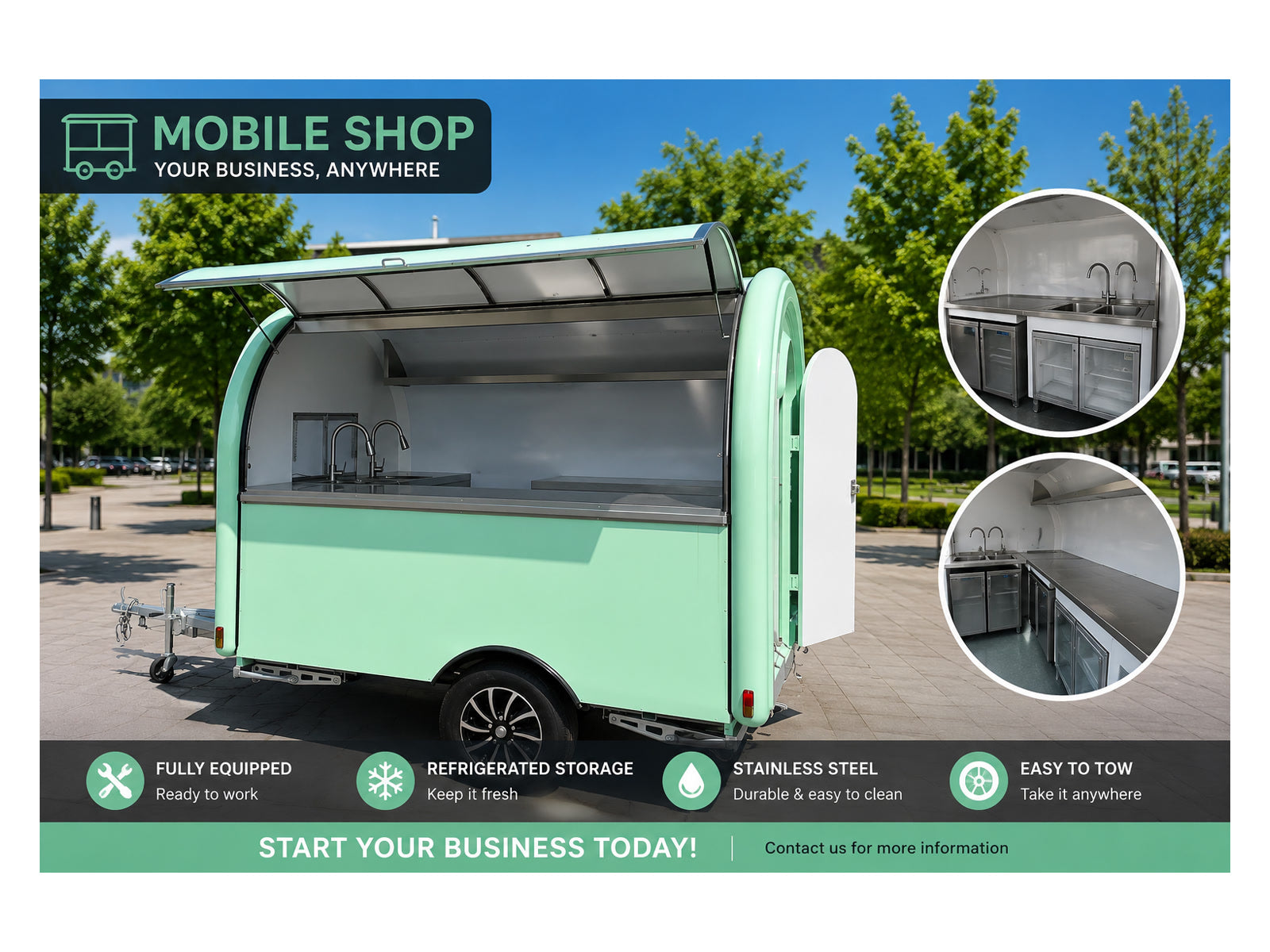 Mint Green compact mobile food trailer with stainless steel serving counter