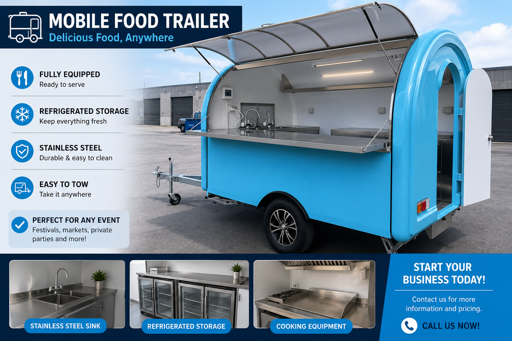 Blue mobile bar trailer for event drinks service