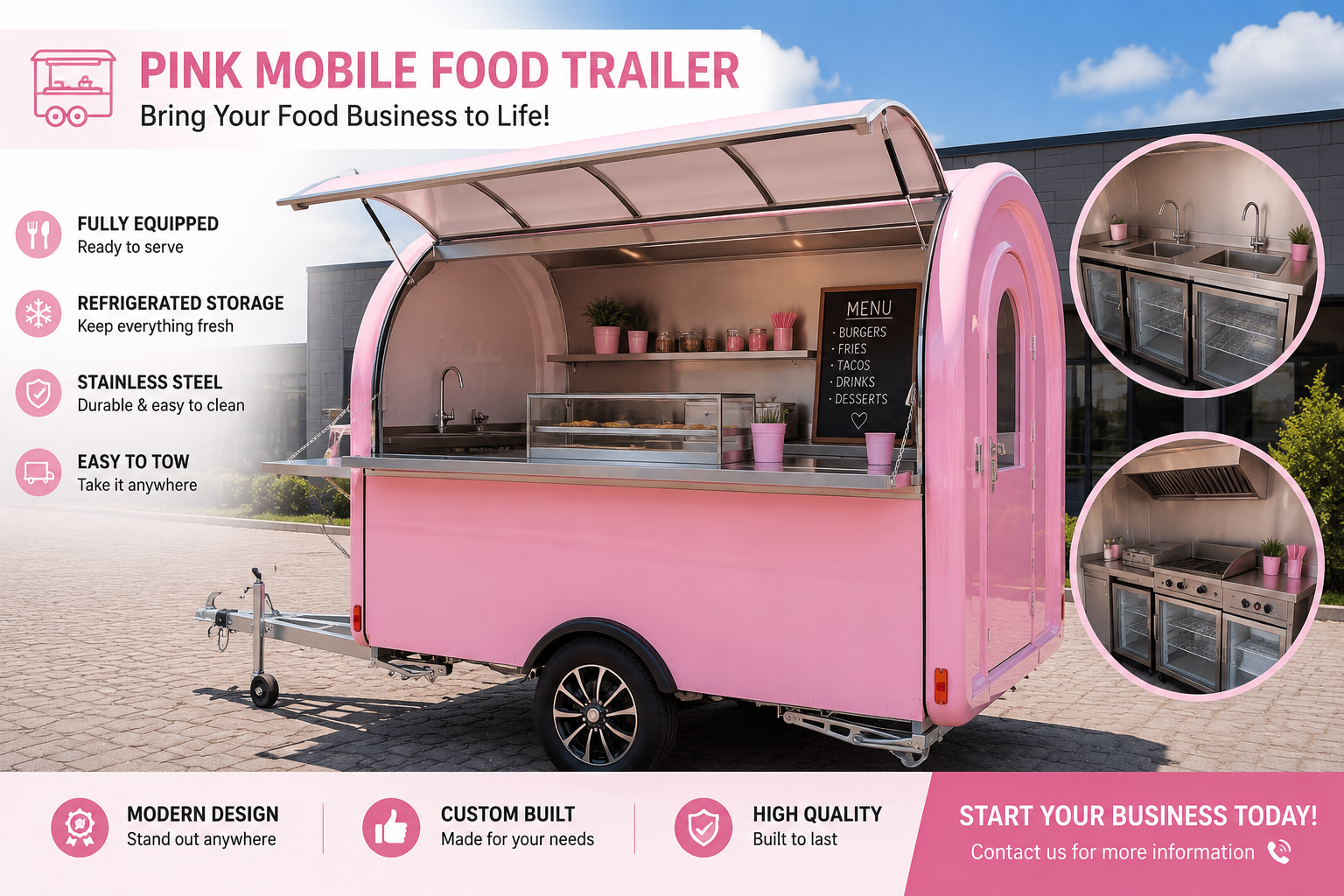Pink compact food trailer for dessert and event catering