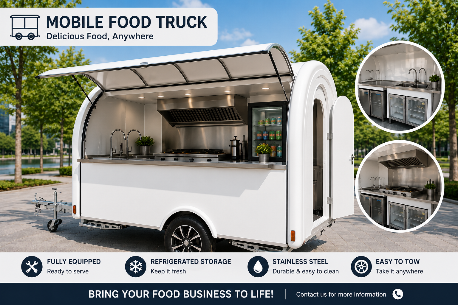 White compact mobile food trailer with serving hatch